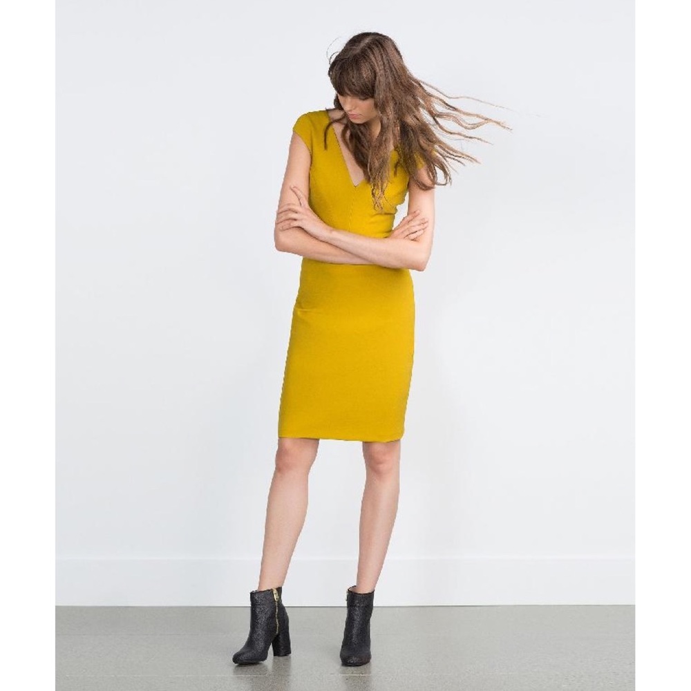 Zara Plunge Neck Midi Mustard